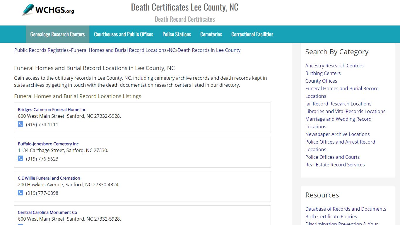 Death Certificates Lee County, NC - Death Record Certificates